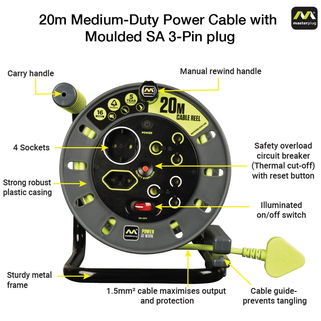 Pro-Xt 20m Medium Duty Extension Cable Reel - 4 Socket With Switch