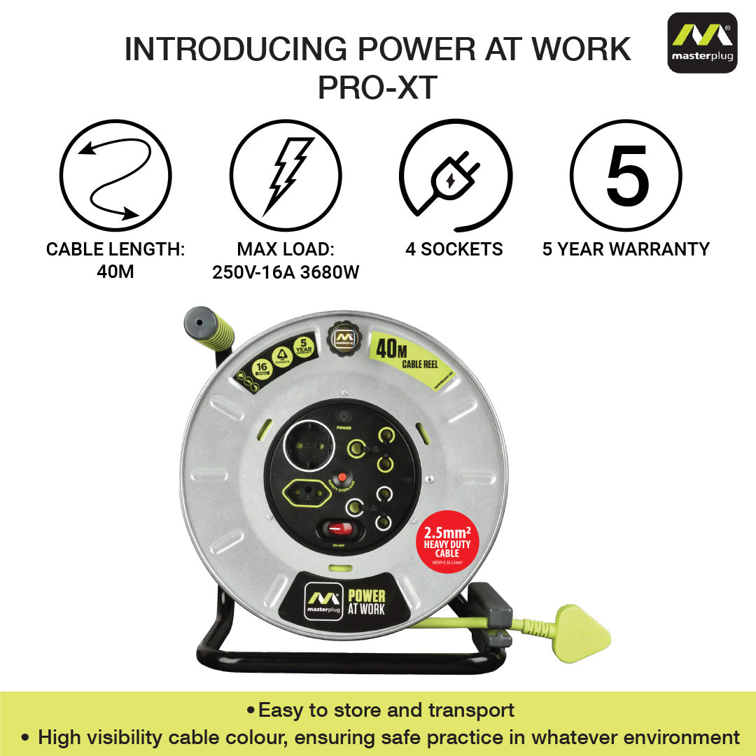 Pro-XT 40m Heavy Duty Extension Cable Reel - 4 Socket With Switch