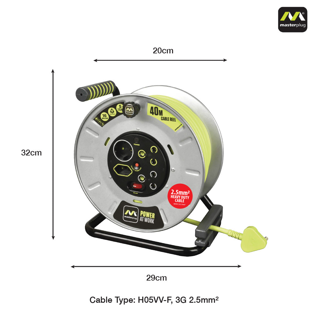 Pro-XT 40m Heavy Duty Extension Cable Reel - 4 Socket With Switch