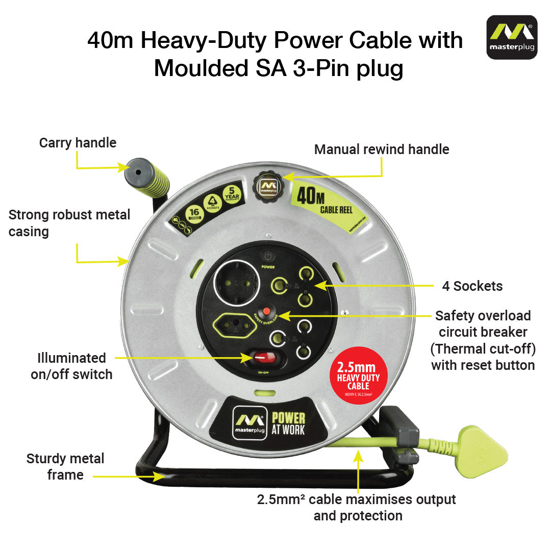 Pro-XT 40m Heavy Duty Extension Cable Reel - 4 Socket With Switch