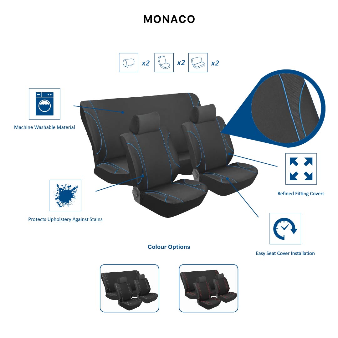 MONACO 6PC CAR SEAT COVER SET (various colours)