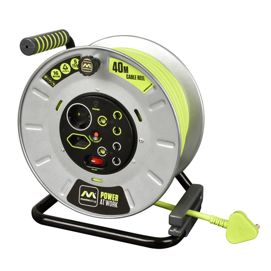A heavy-duty cable reel with a black metal drum, green high visibility cable, and multiple control features including a switch, LED indicator, and ergonomic handle.
