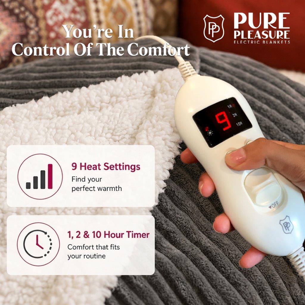 Electric Overblanket | 9 Heat Settings & Timer | Dual-Sided Fleece | Pure Pleasure