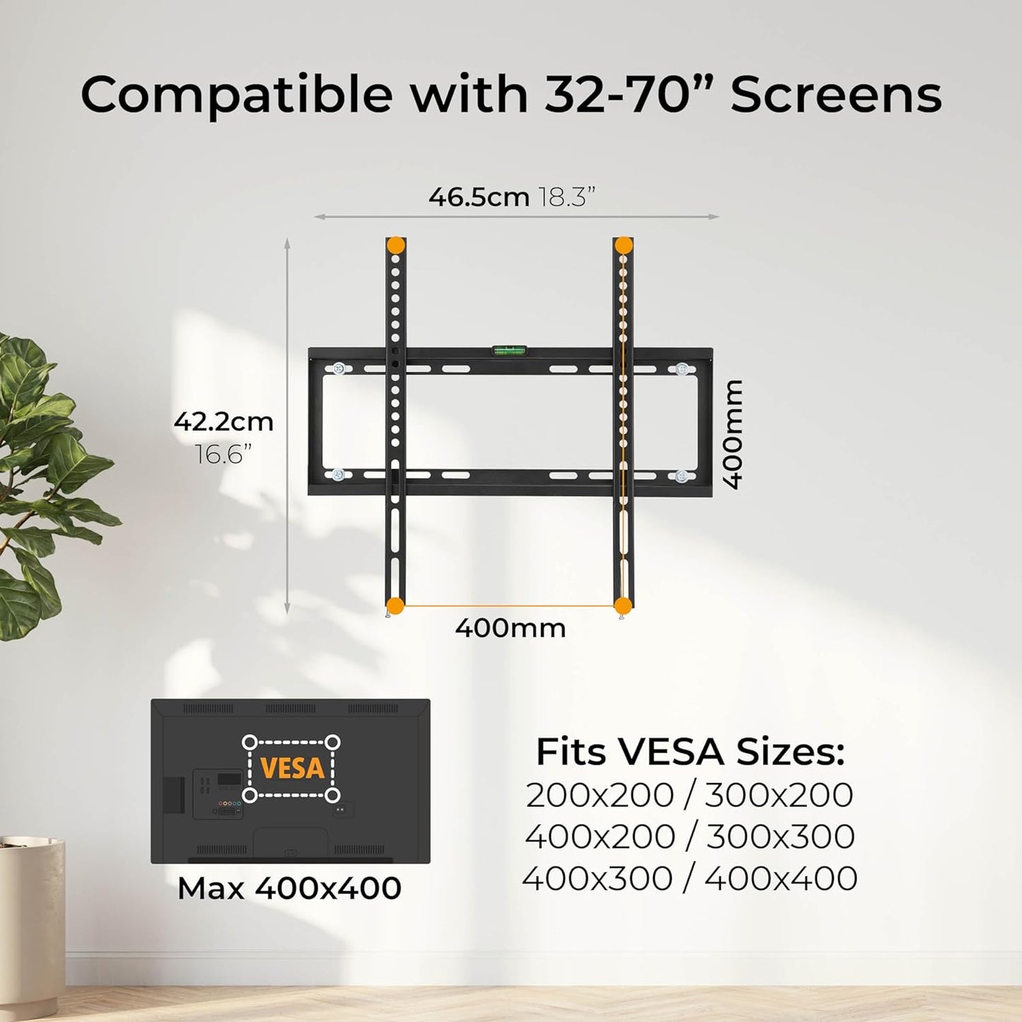 32-70" FLAT-TO-WALL TV MOUNT BRACKET - BUILT-IN SPIRIT LEVEL