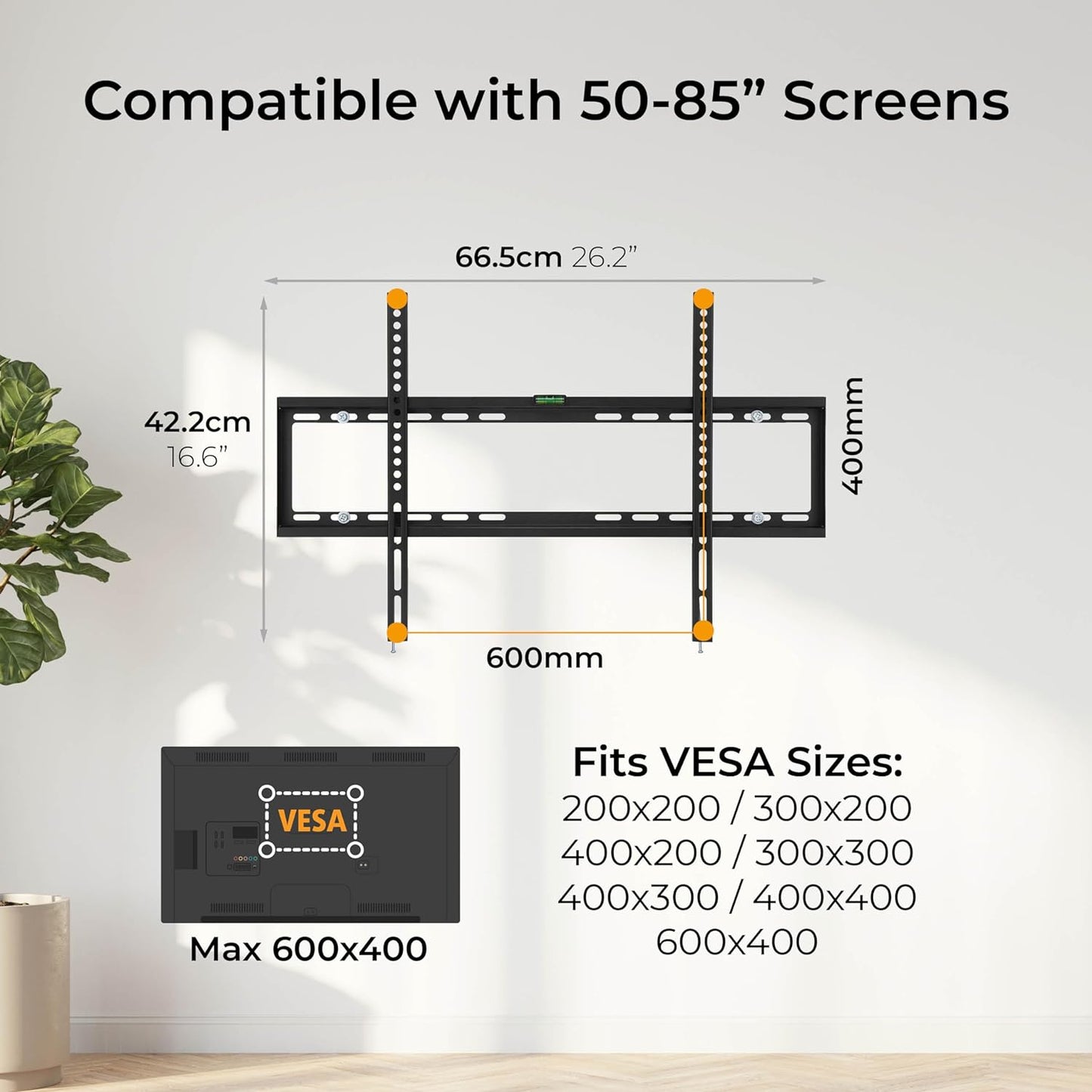 50-85" FLAT-TO-WALL TV MOUNT BRACKET - BUILT-IN SPIRIT LEVEL