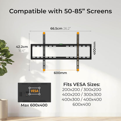 50-85" FLAT-TO-WALL TV MOUNT BRACKET - BUILT-IN SPIRIT LEVEL