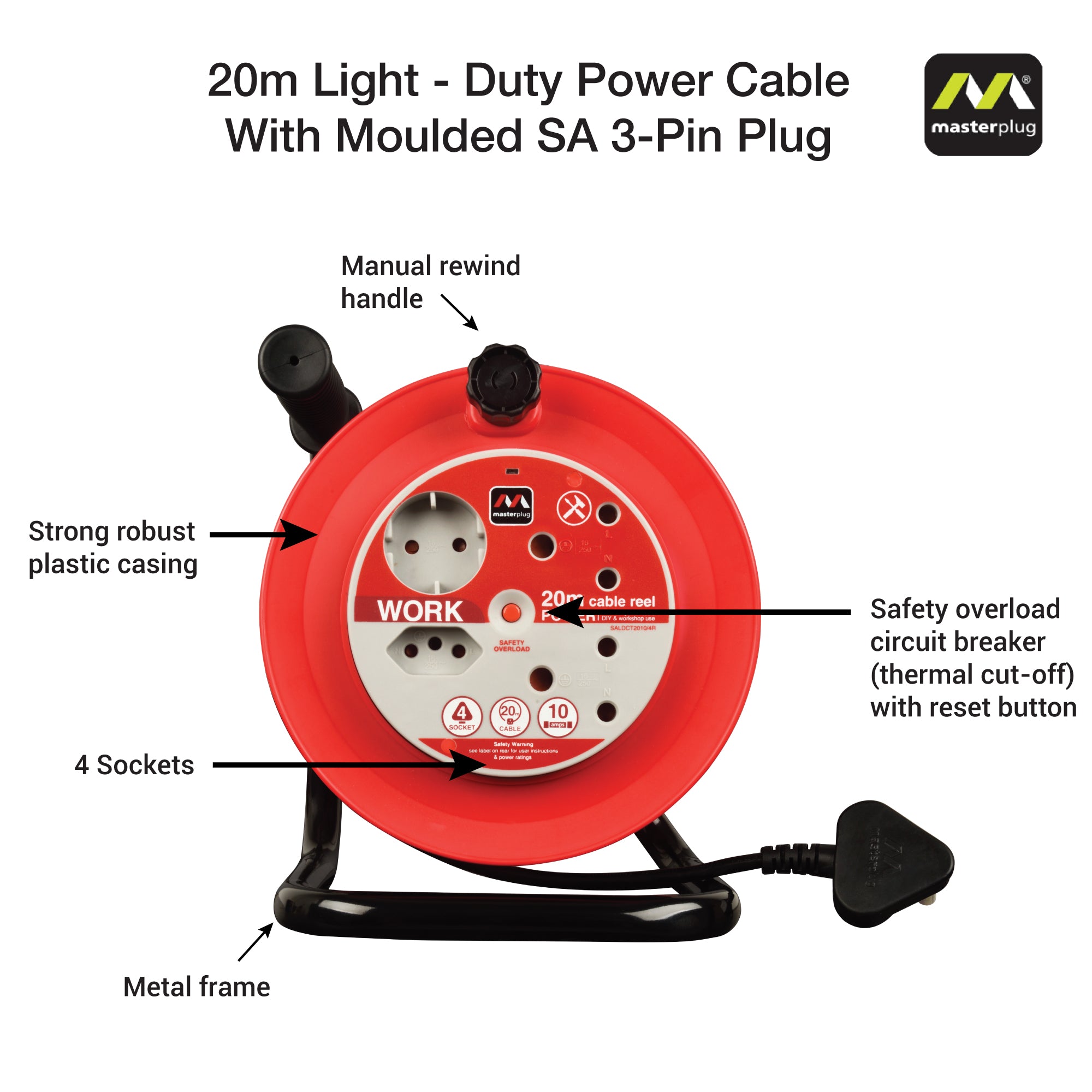 Light Duty 20m Cable Open Reel - 4 Socket Without Switch