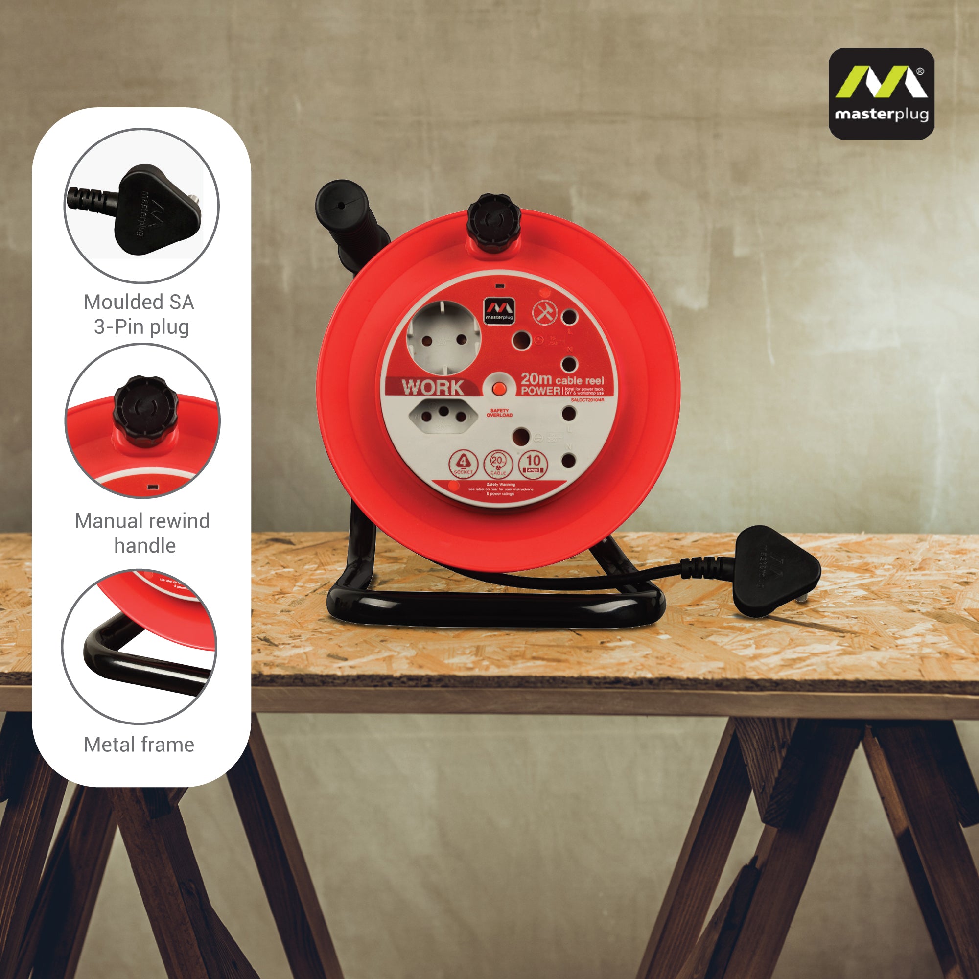 Light Duty 20m Cable Open Reel - 4 Socket Without Switch