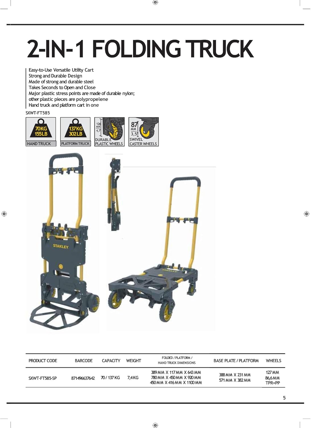 STANLEY FT585 2-in-1 Folding Truck 70/137kg