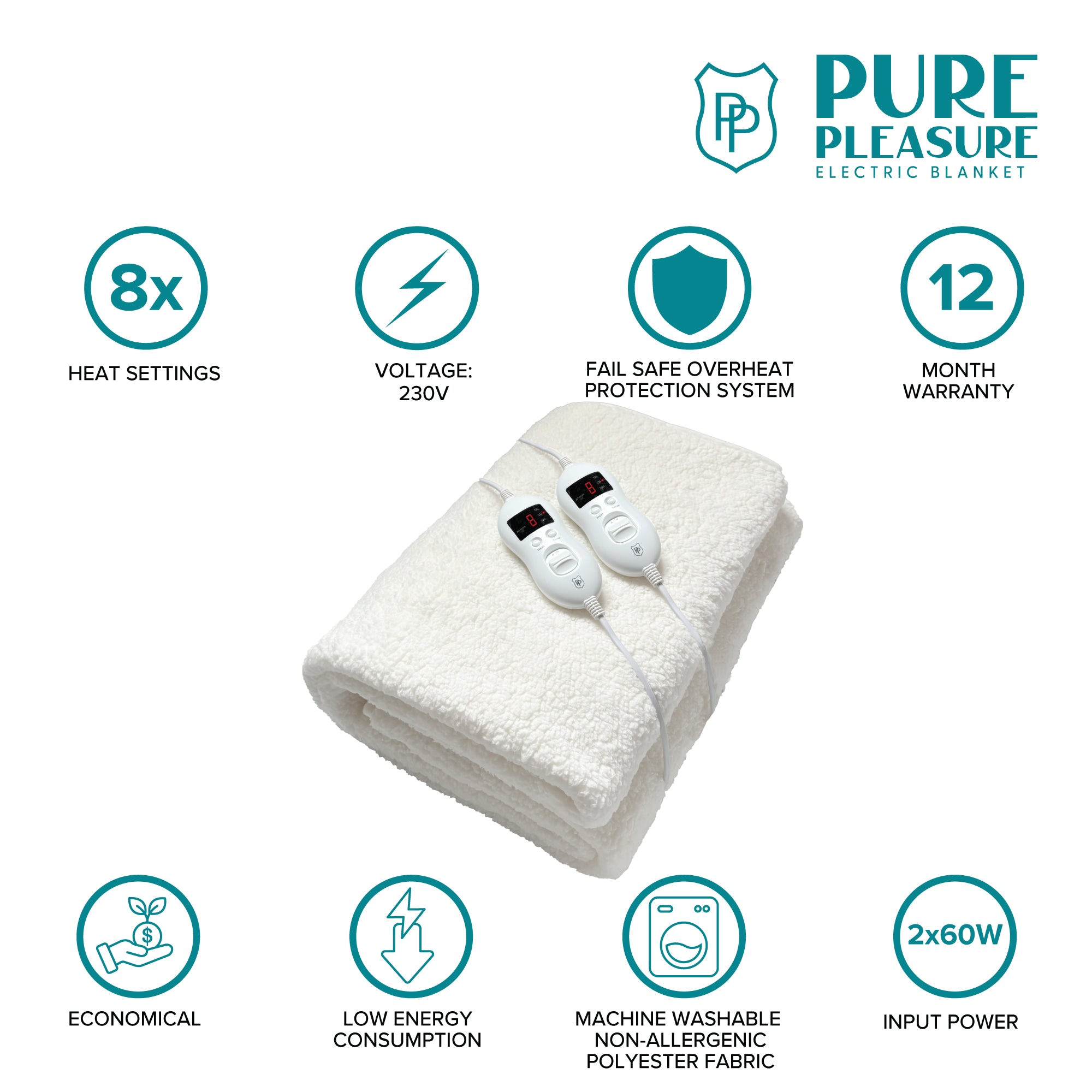 Sherpa Extra Length Electric Blanket | 8 Heat & Timer