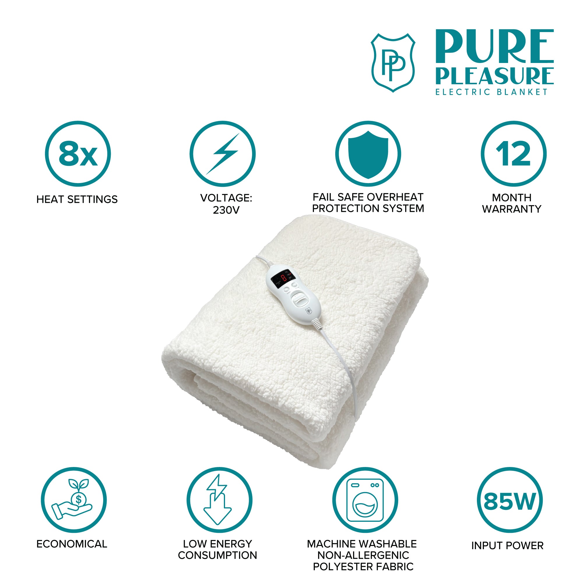 Sherpa Extra Length Electric Blanket | 8 Heat & Timer