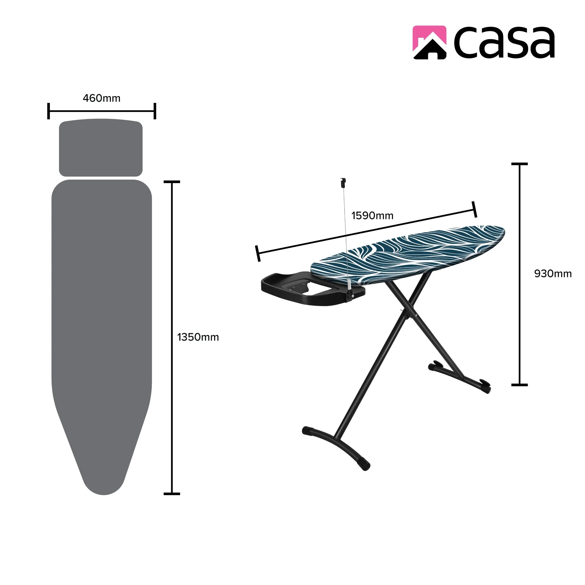 CASA Premium Ironing Board 135 x 46cm | Iron Rest, Cord Guide & Cotton Cover
