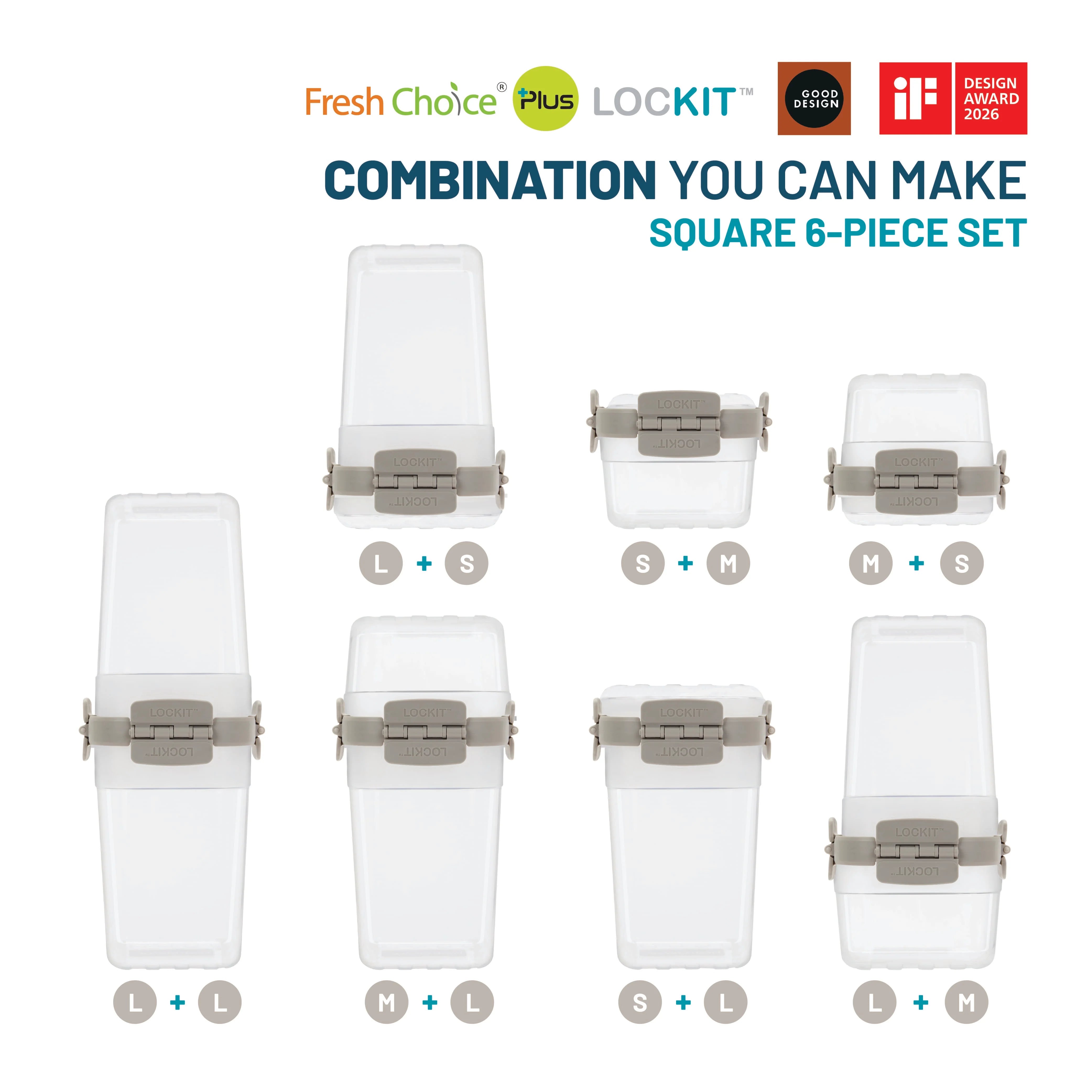 Fresh Choice | Lockit Square Large 6-Piece Set | Modular Food Storage