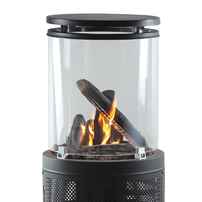 Circular Midi Stand Gas Patio Heater | Glass Enclosed Lava Rock & Logs