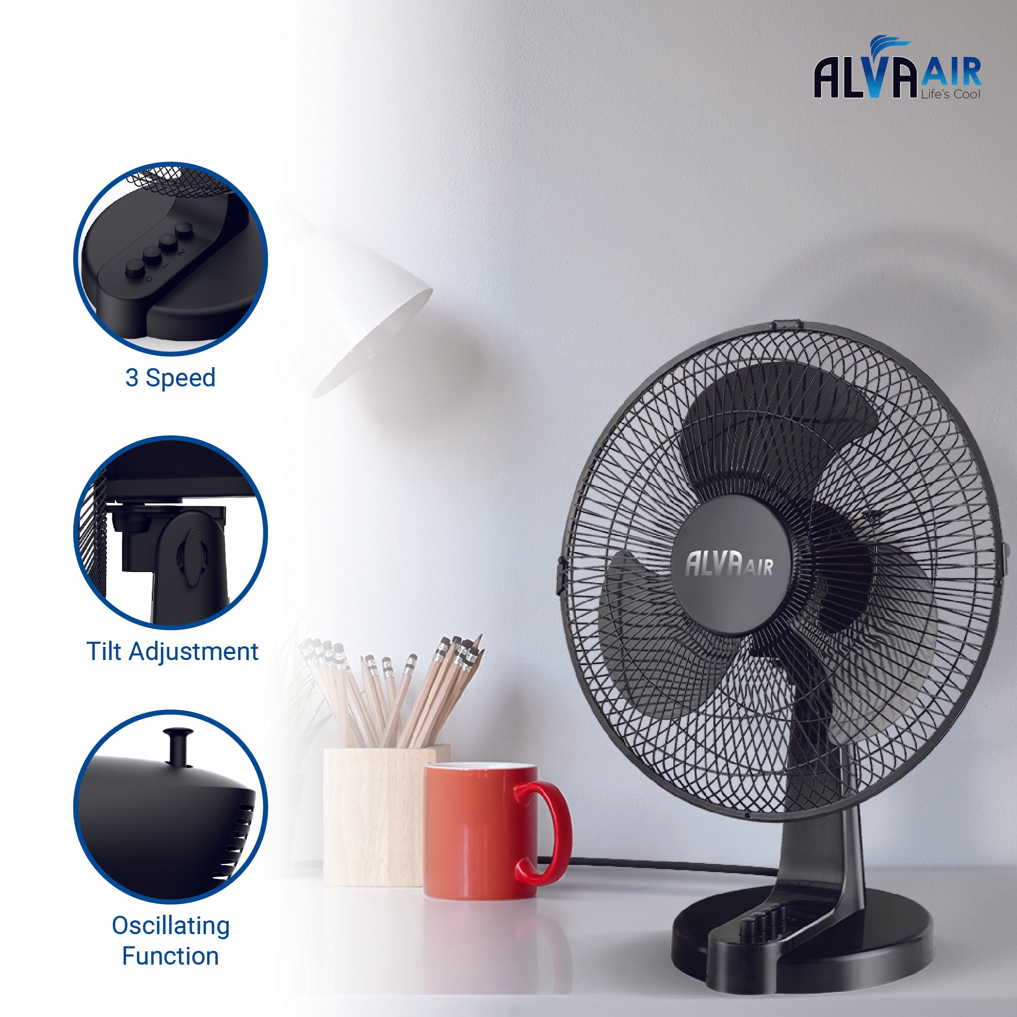 40cm Plastic Desk Fan (Black)