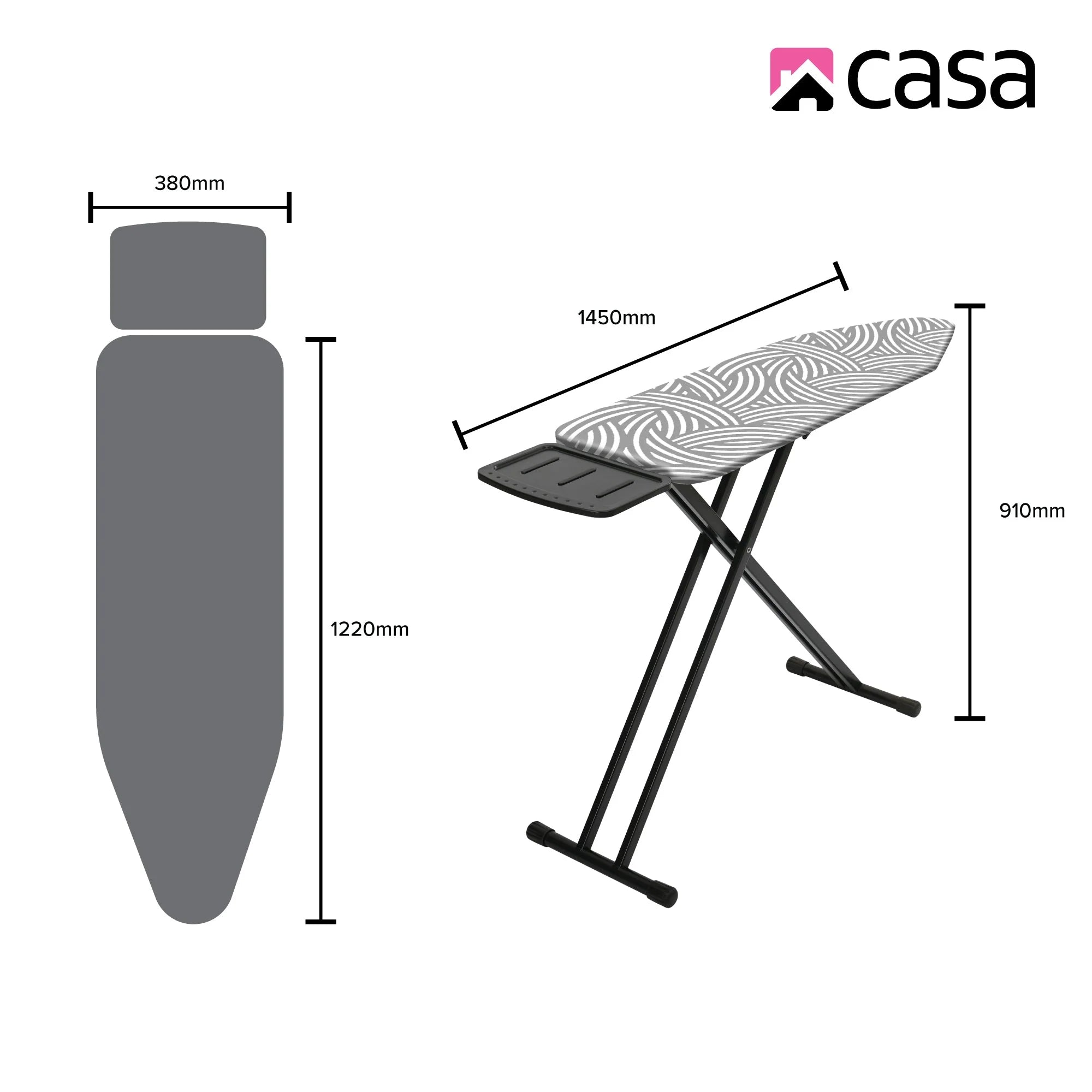 CASA Classic Ironing Board 122 x 38cm | Iron Rest & Cotton Cover