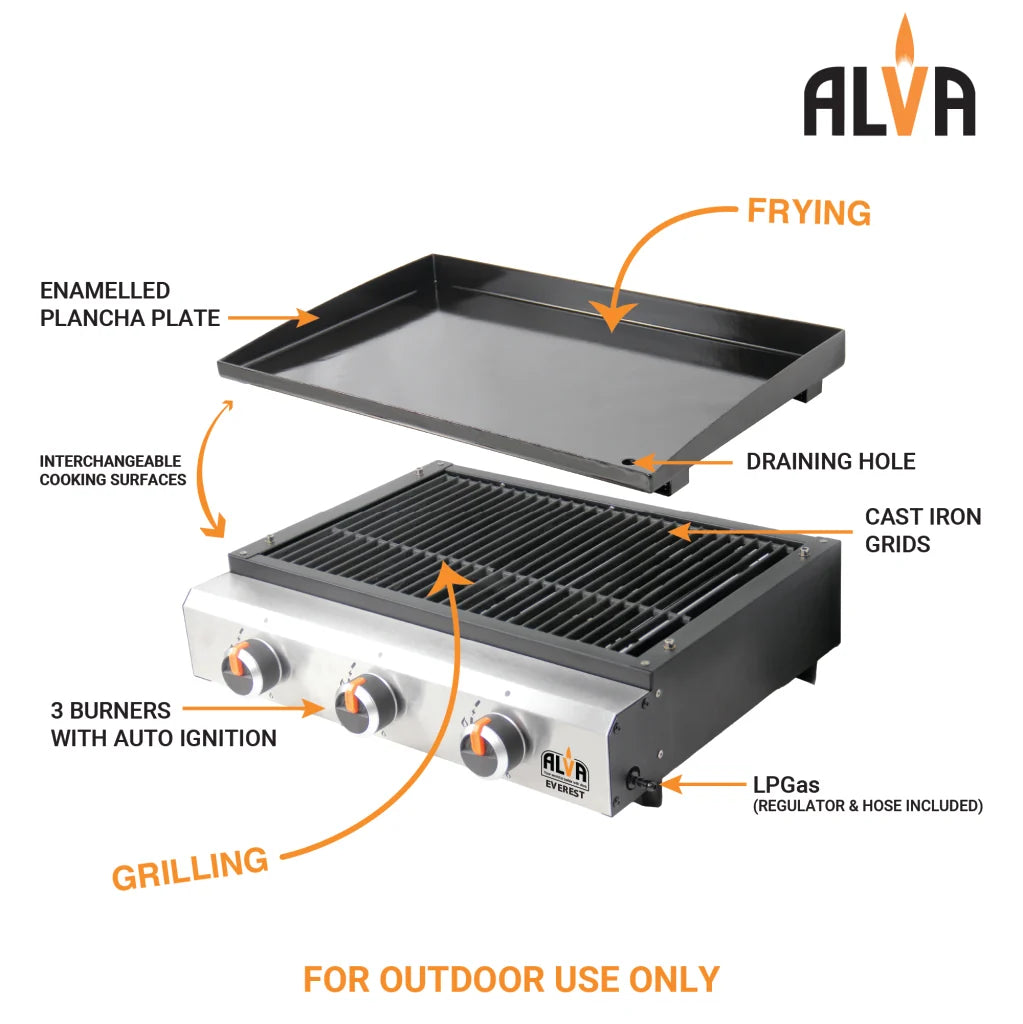 Alva Everest Tabletop 3-Burner Gas BBQ with Grill, Plancha Plate & Cover