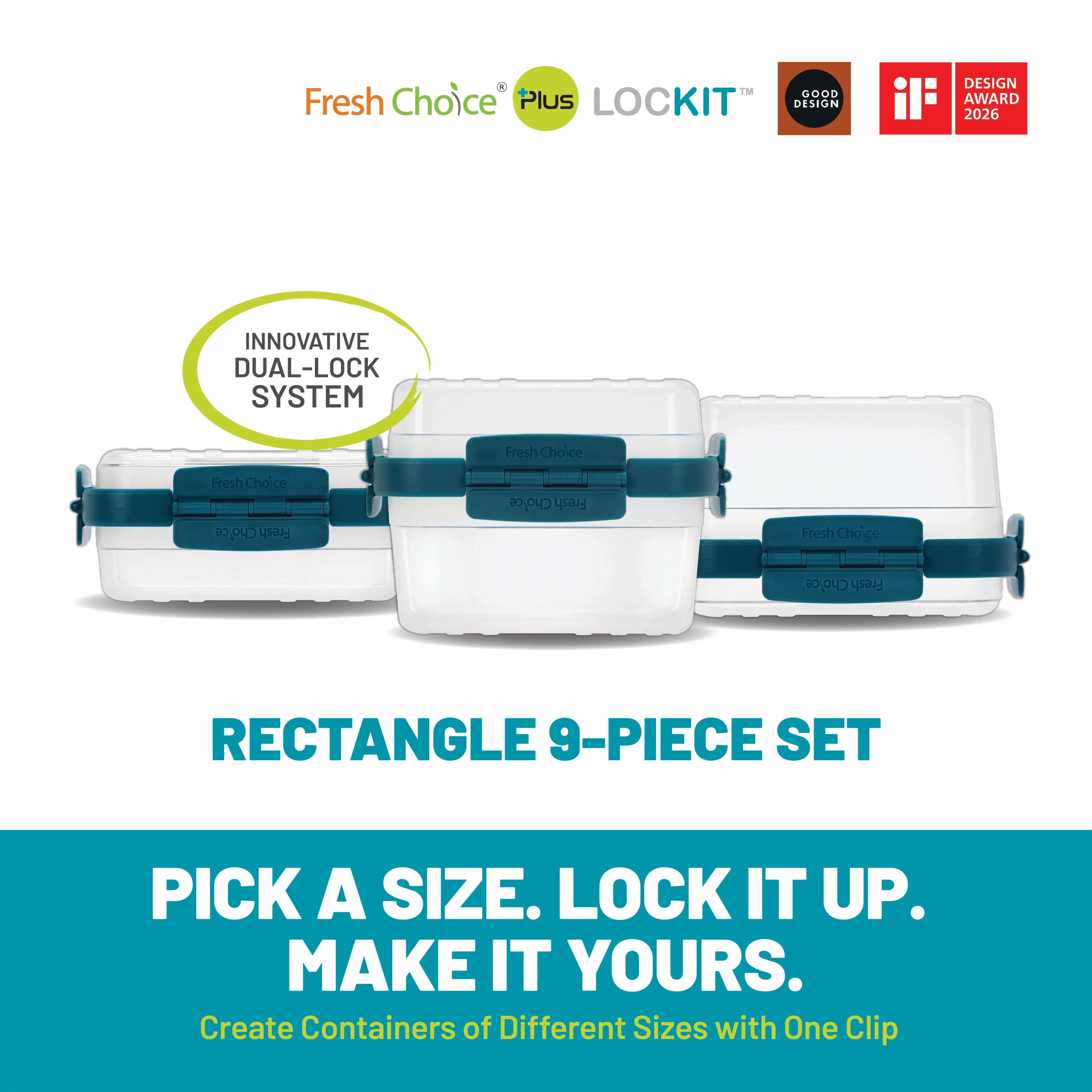 Fresh Choice | Lockit Rectangle Large 9-Piece Set | Modular Food Storage