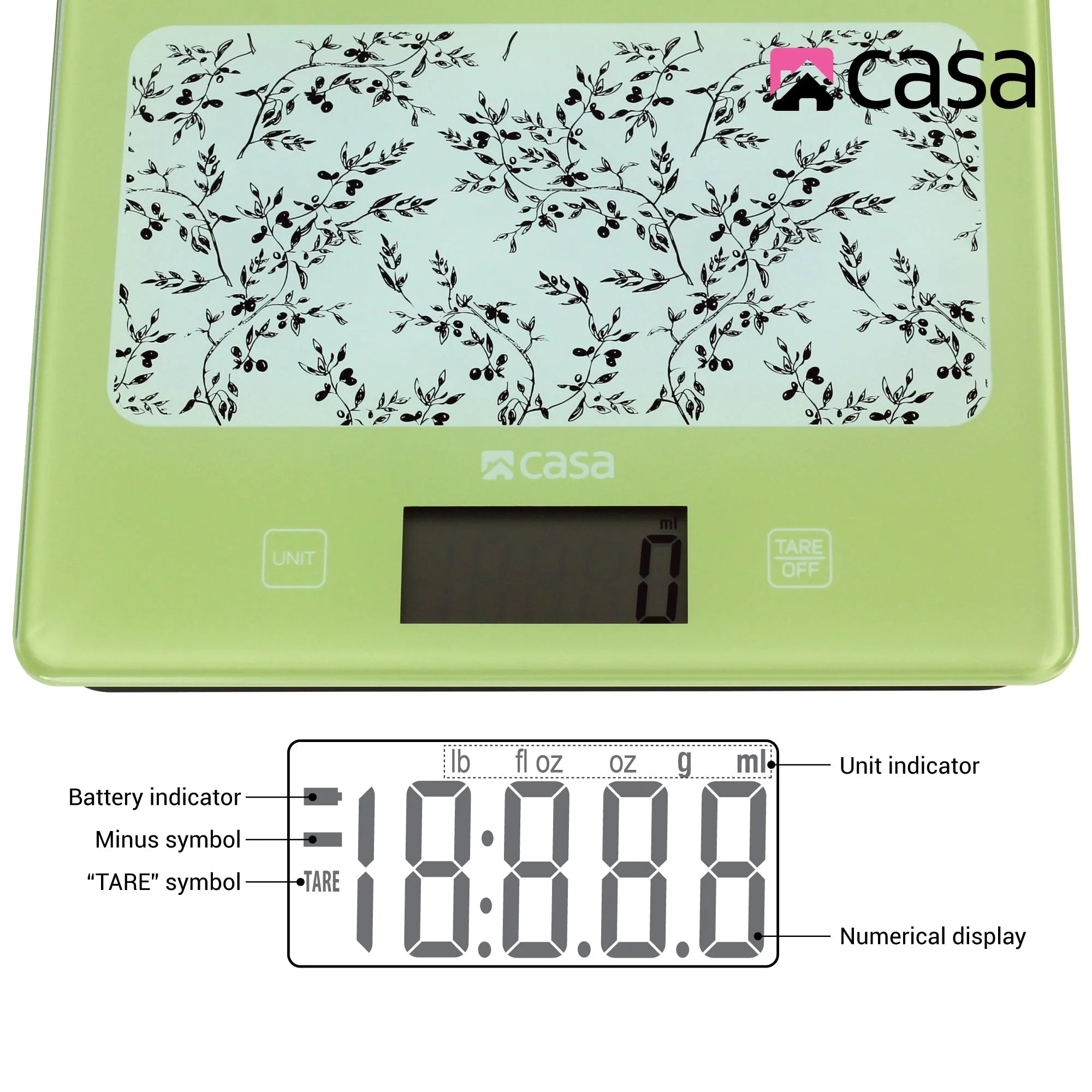 Kitchen Digital Scale - Glass - Green With Olives Design