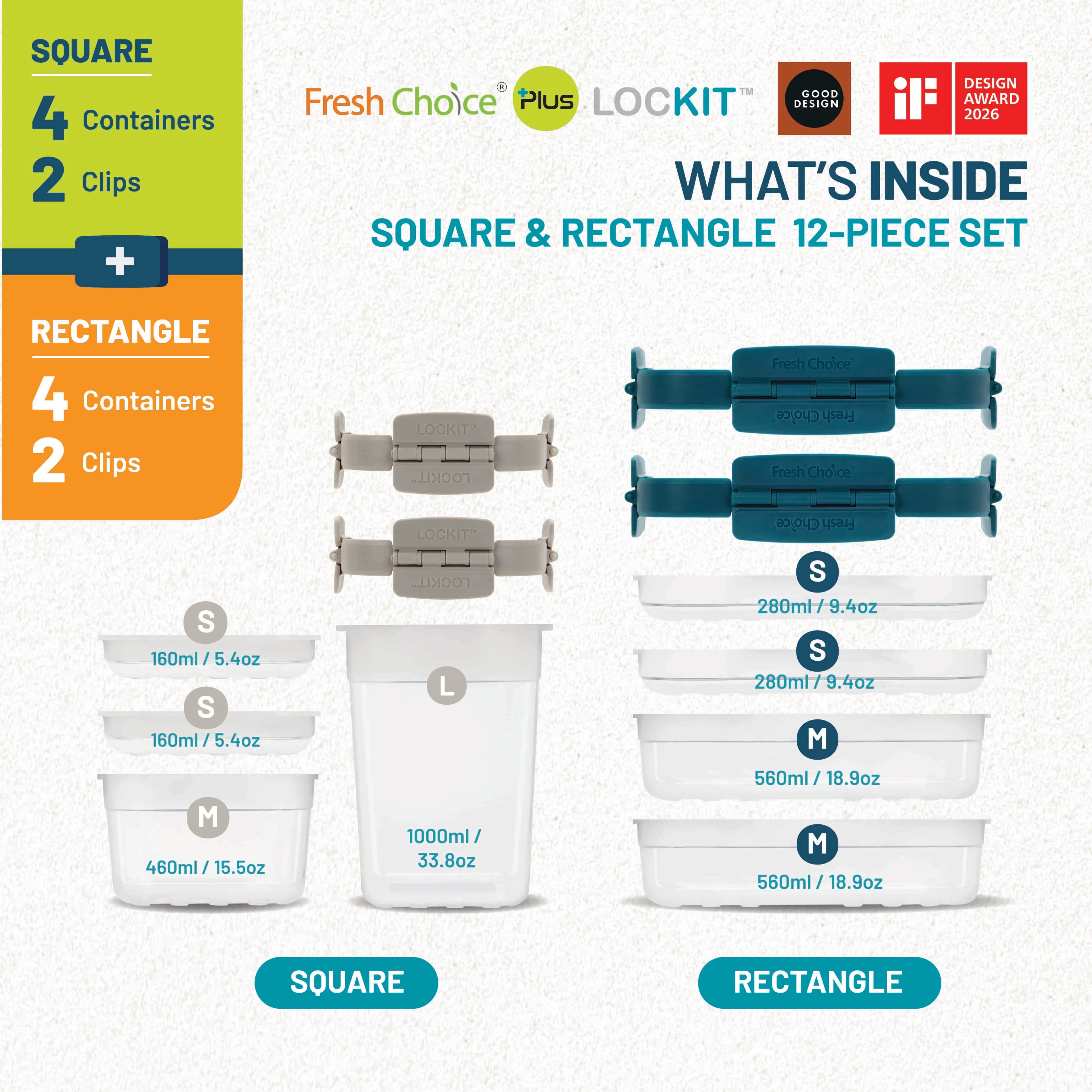 Fresh Choice | Lockit Square & Rectangle 12-Piece Set | Modular Food Storage