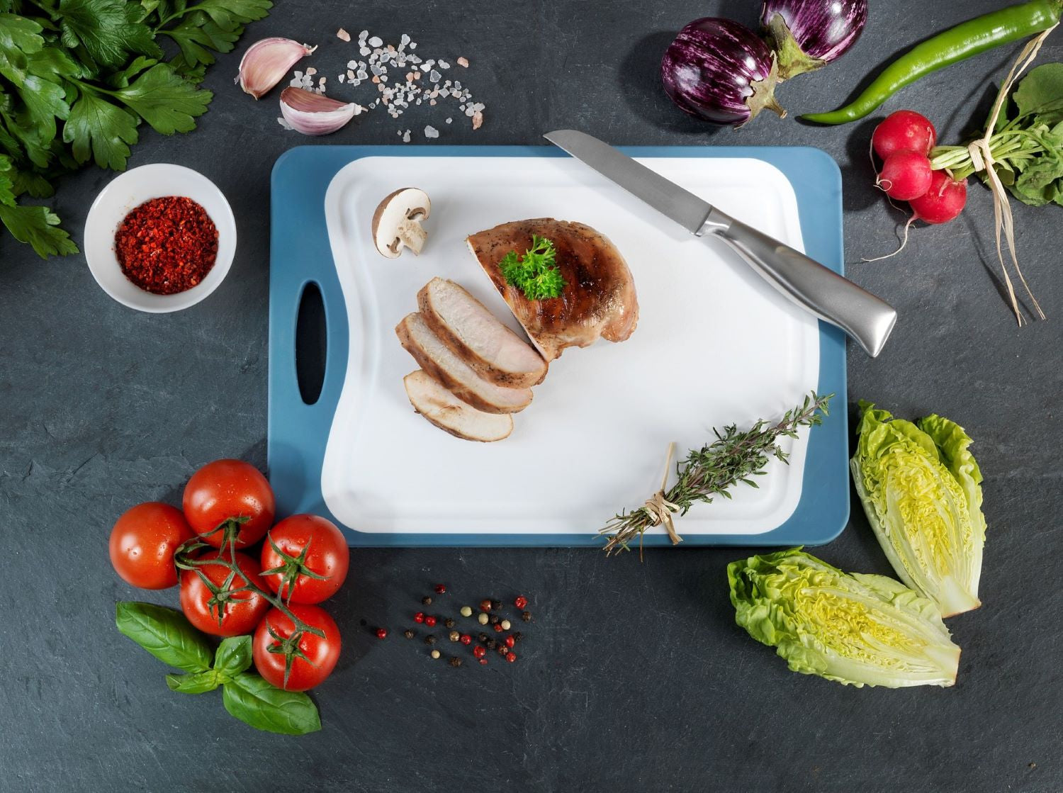 Double Sided Cutting Board - Bamboo & Pp - 33X23 - Anti-Slip Tpe - Blue