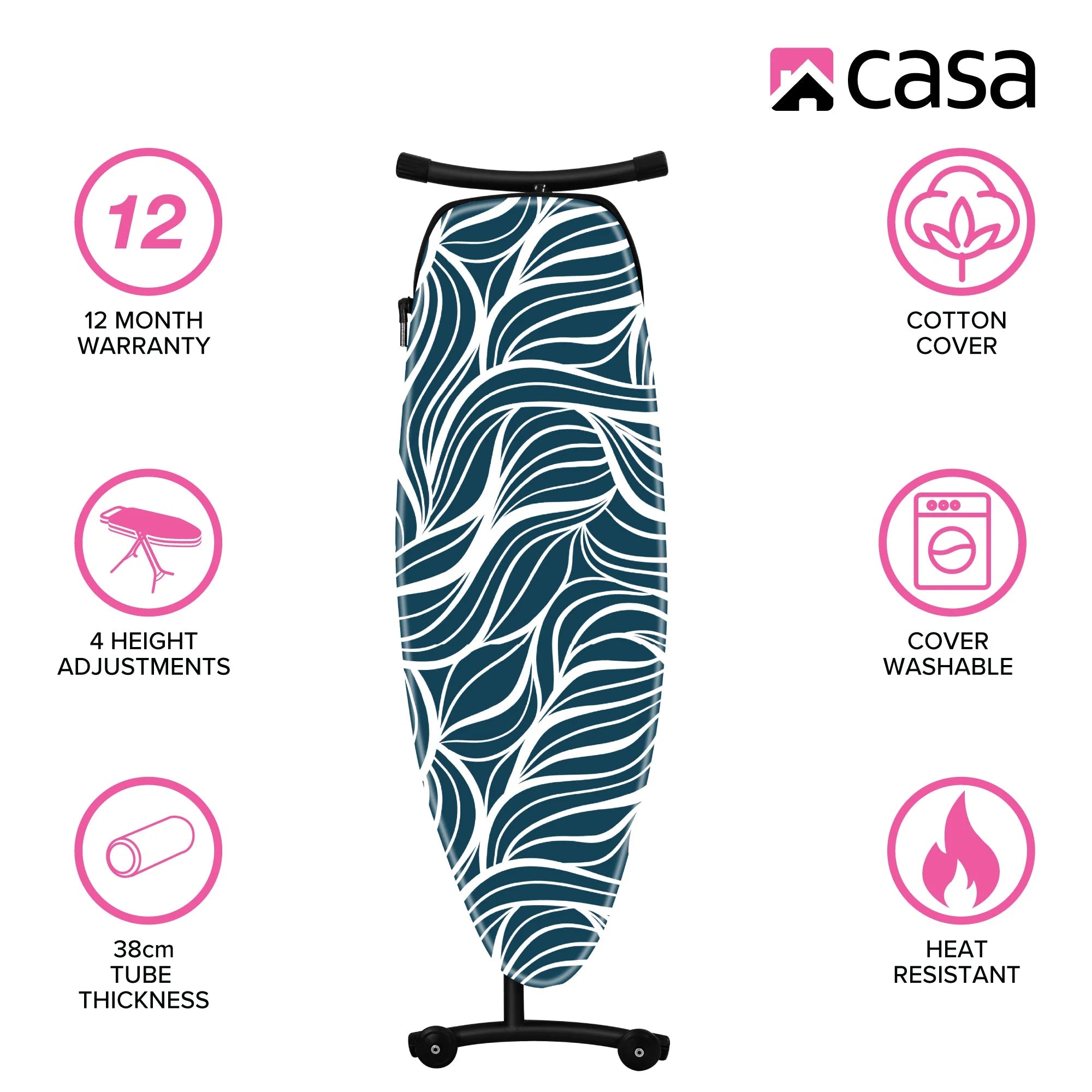 CASA Premium Ironing Board 135 x 46cm | Iron Rest, Cord Guide & Cotton Cover